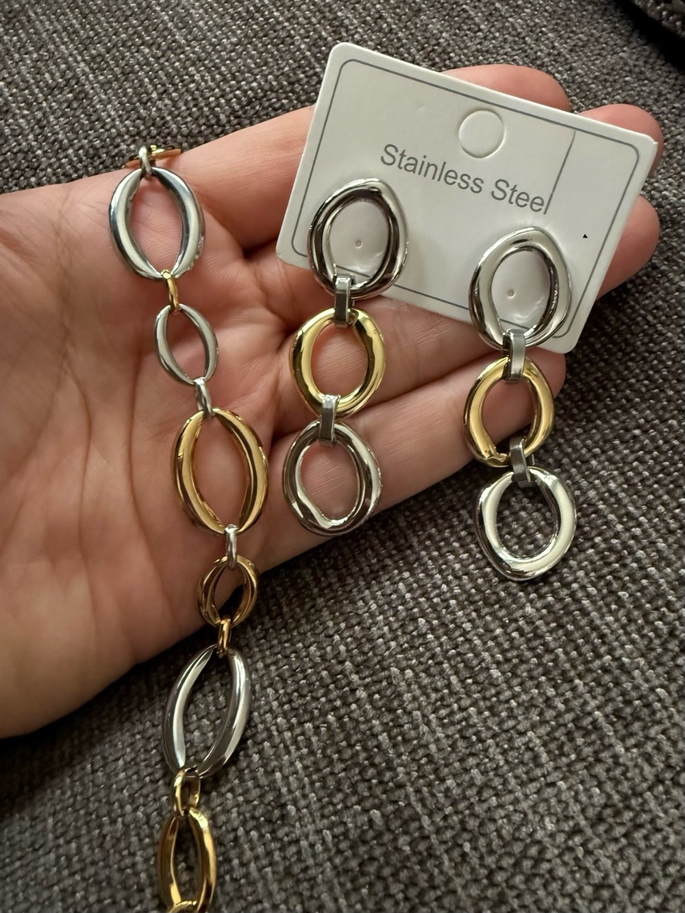 Two-Tone Gold and Silver Linked Bracelet and Earring Set -